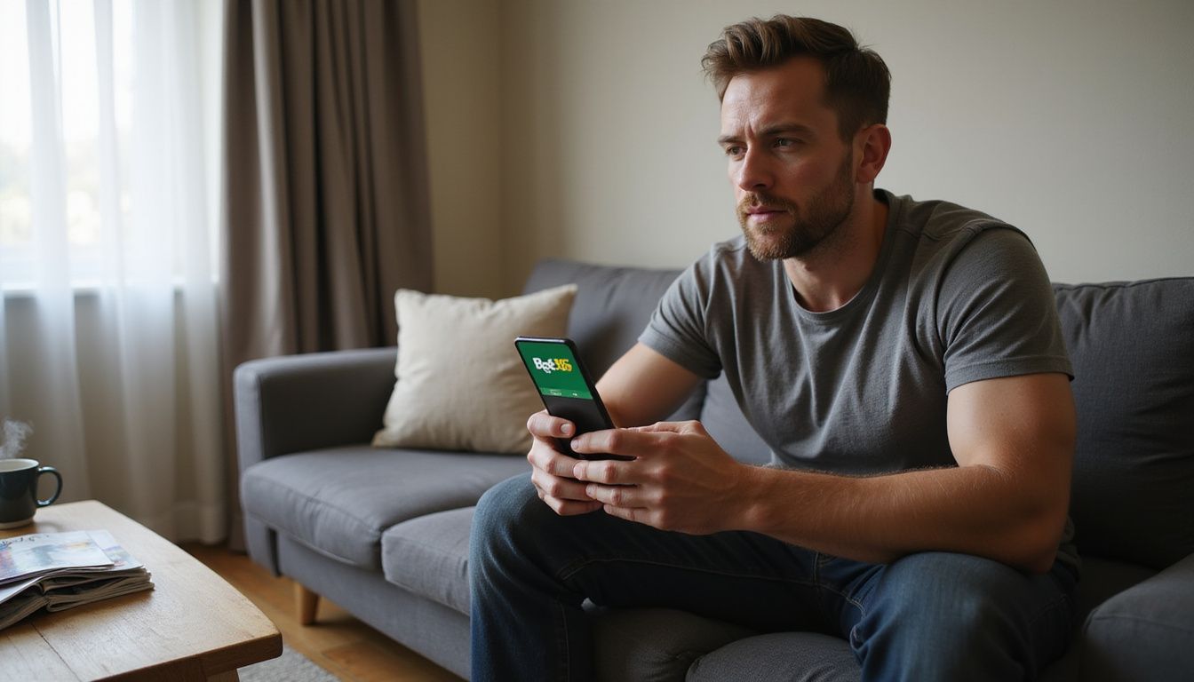 A man in his 30s sits on a gray sofa using a Bet365 app. A man in his 30s sits on a gray sofa using a Bet365 app.