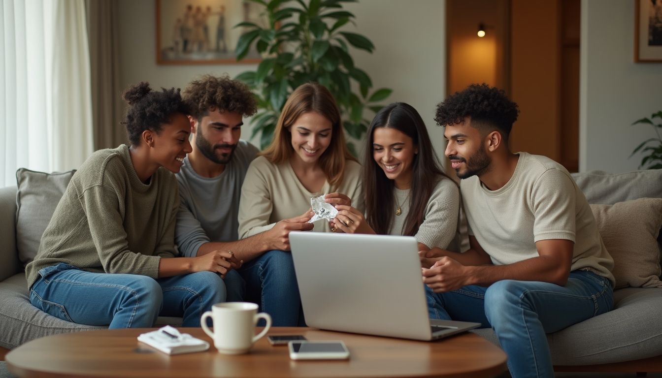 A diverse group of friends gather on a sofa, gaming on laptops. A diverse group of friends gather on a sofa, gaming on laptops.