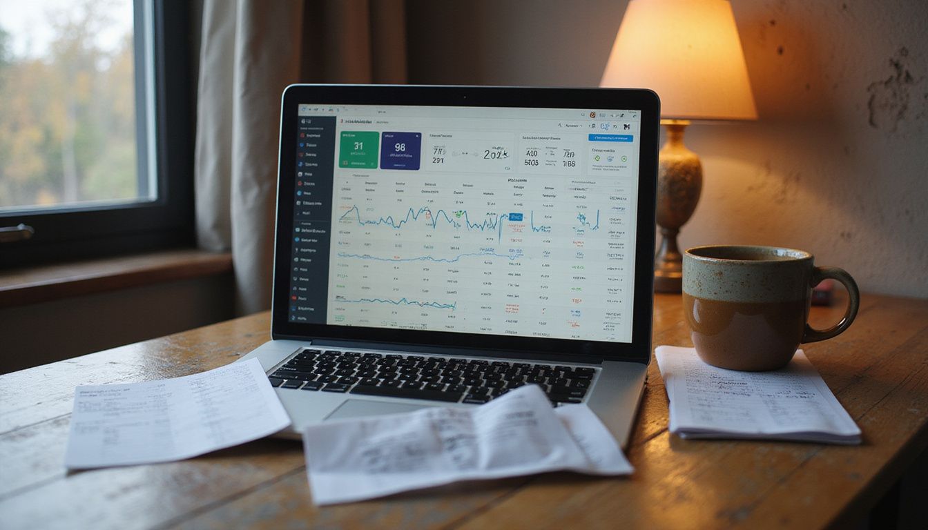 A laptop displaying football statistics and analysis software in a cozy workspace. A laptop displaying football statistics and analysis software in a cozy workspace.