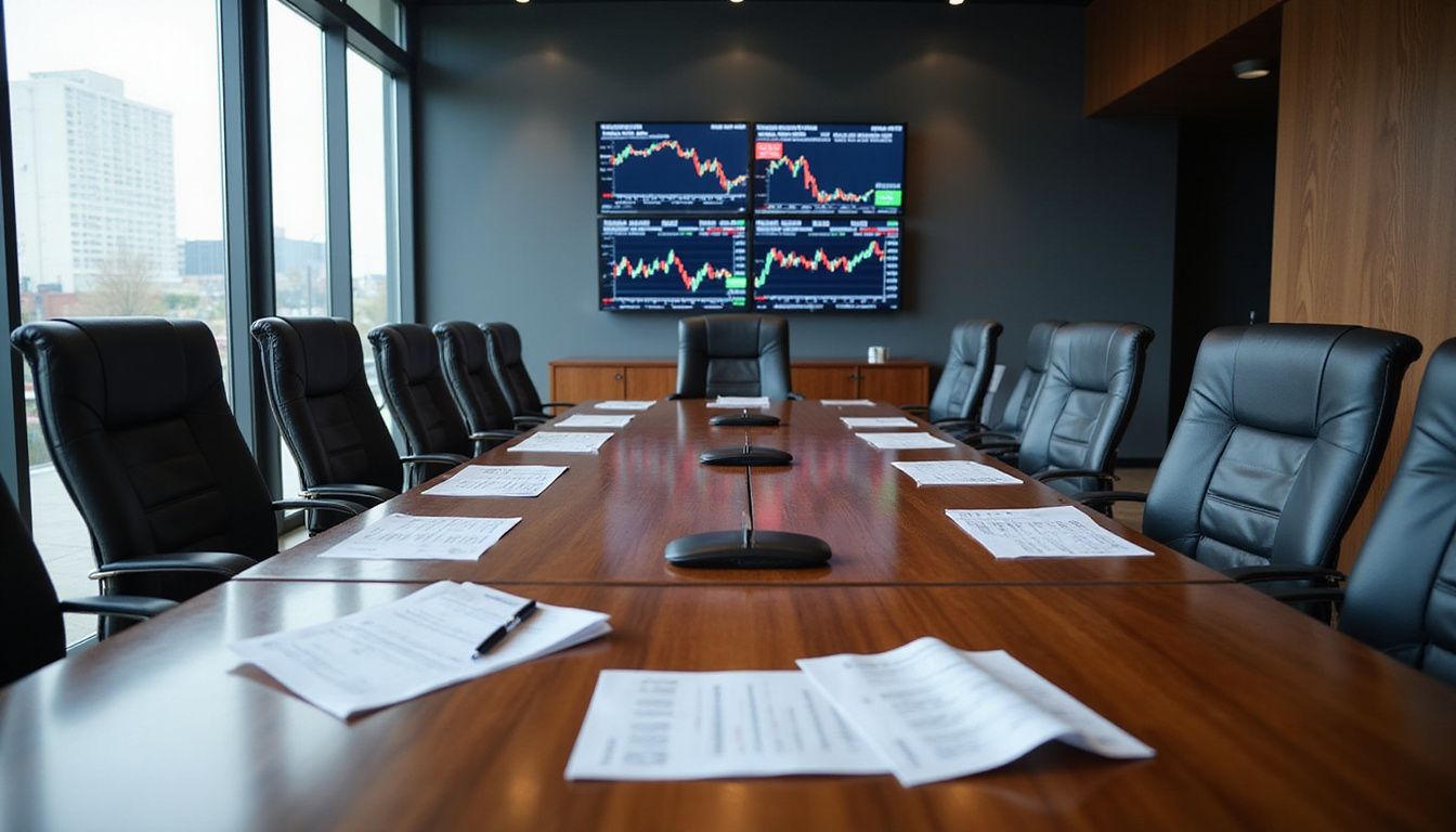 A corporate boardroom with empty chairs, financial charts, and stock market screens. A corporate boardroom with empty chairs, financial charts, and stock market screens.