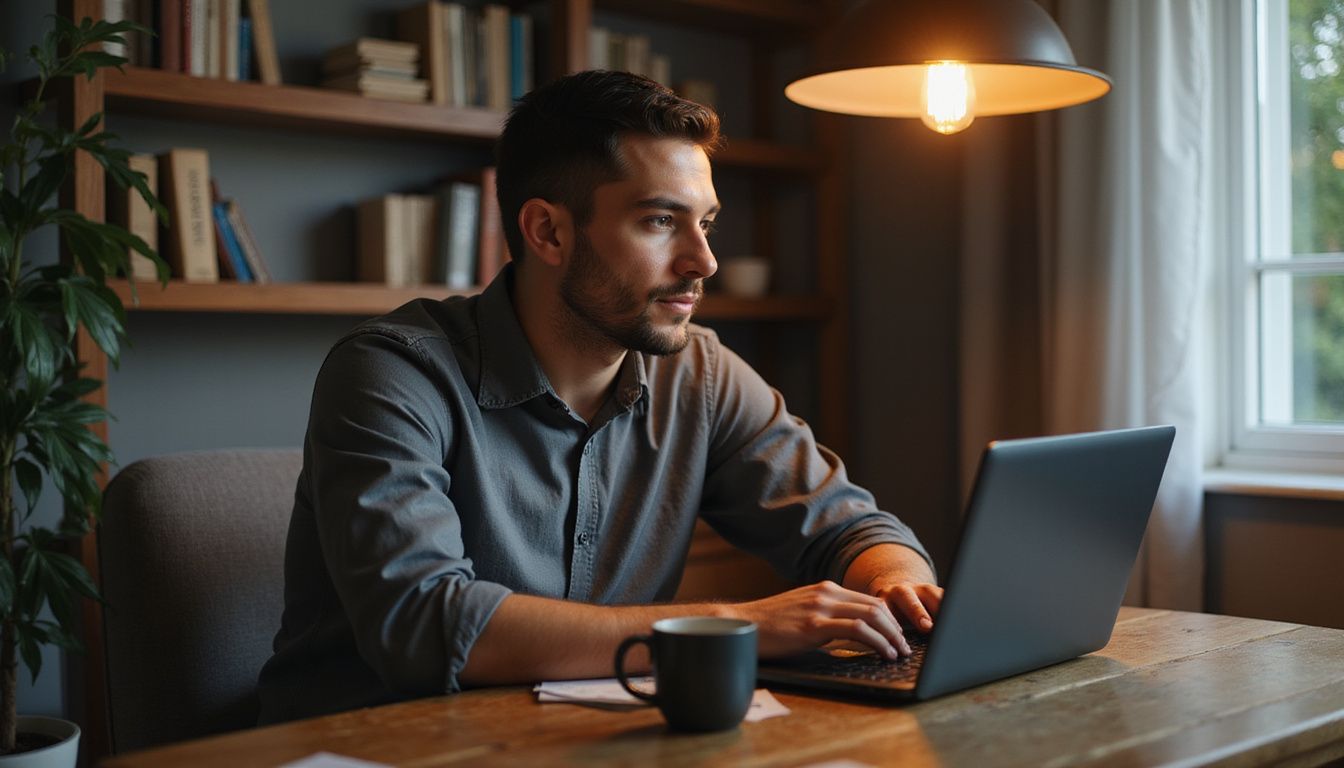 A man in his 30s, focused on sports betting on his laptop. A man in his 30s, focused on sports betting on his laptop.