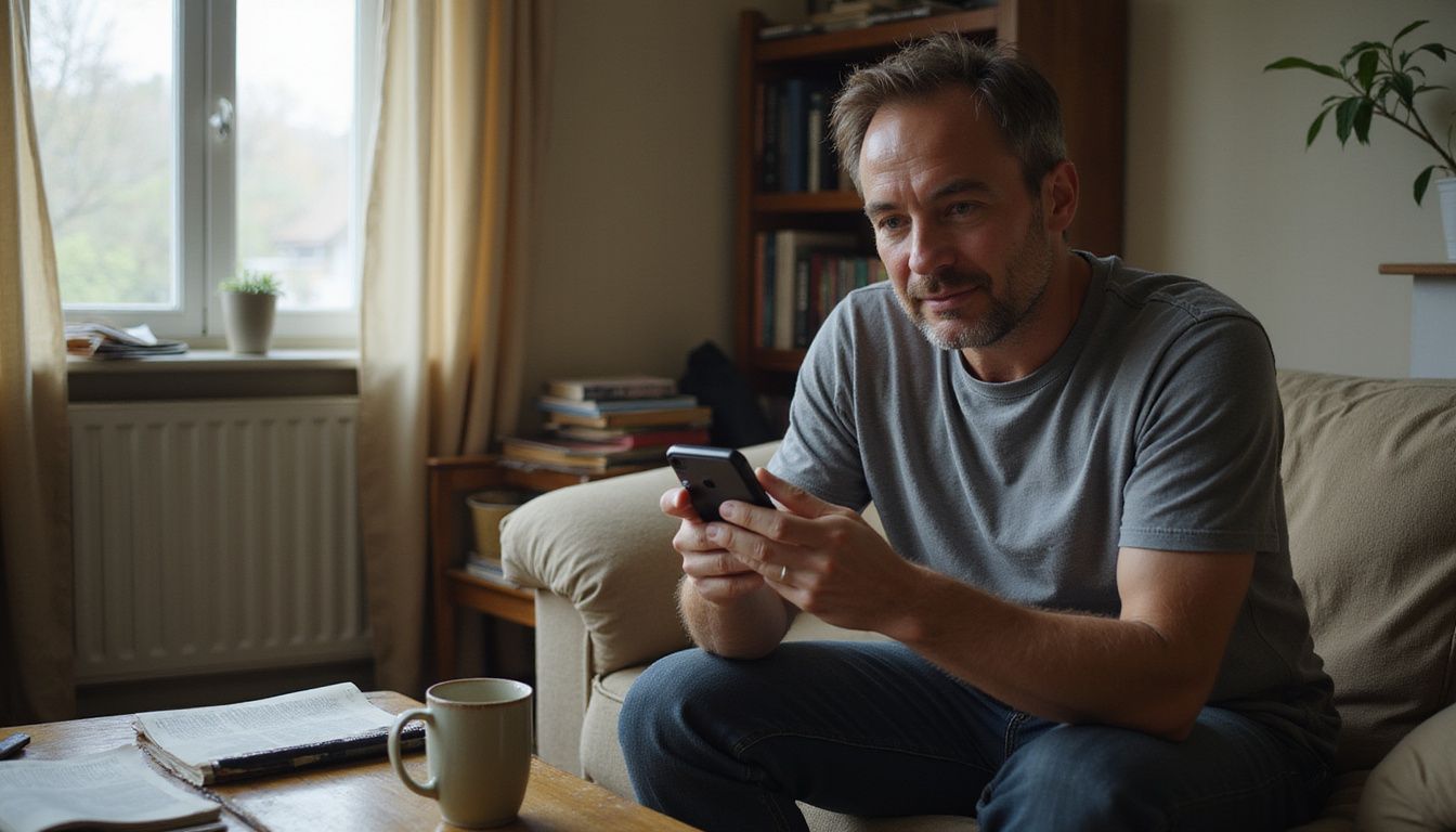 A man sits in a cluttered living room, focused on his smartphone. A man sits in a cluttered living room, focused on his smartphone.
