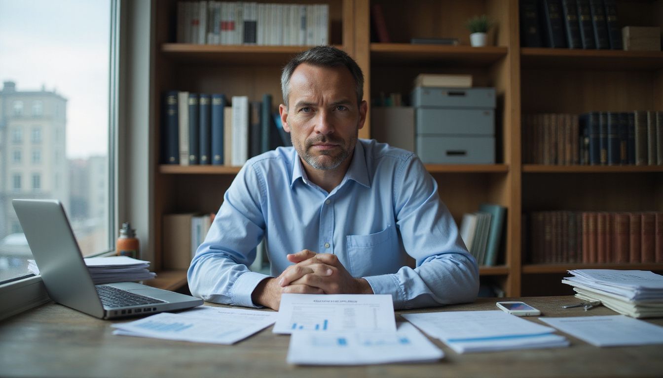 A focused man is working on tax documents at his cluttered desk. A focused man is working on tax documents at his cluttered desk.