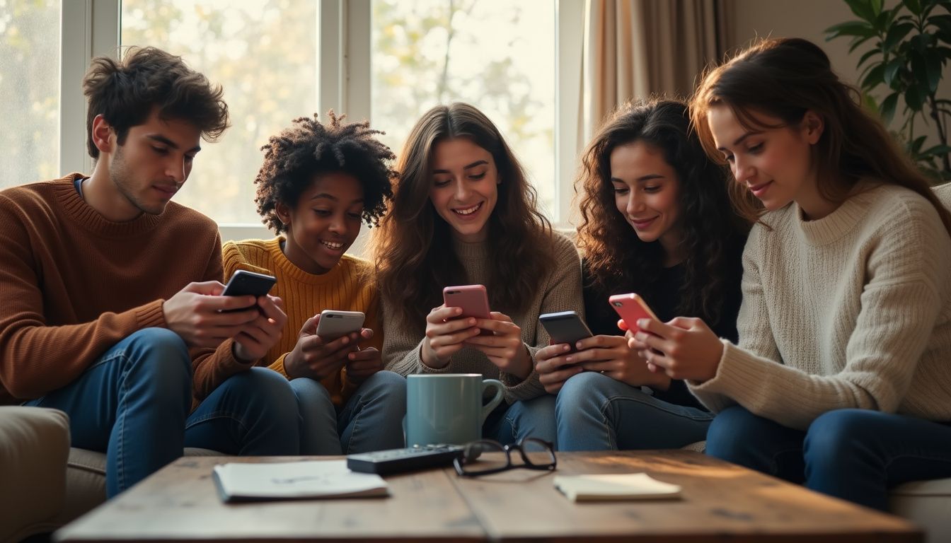 Five young adults gathered in a warmly lit living room, engaged with smartphones. Five young adults gathered in a warmly lit living room, engaged with smartphones.