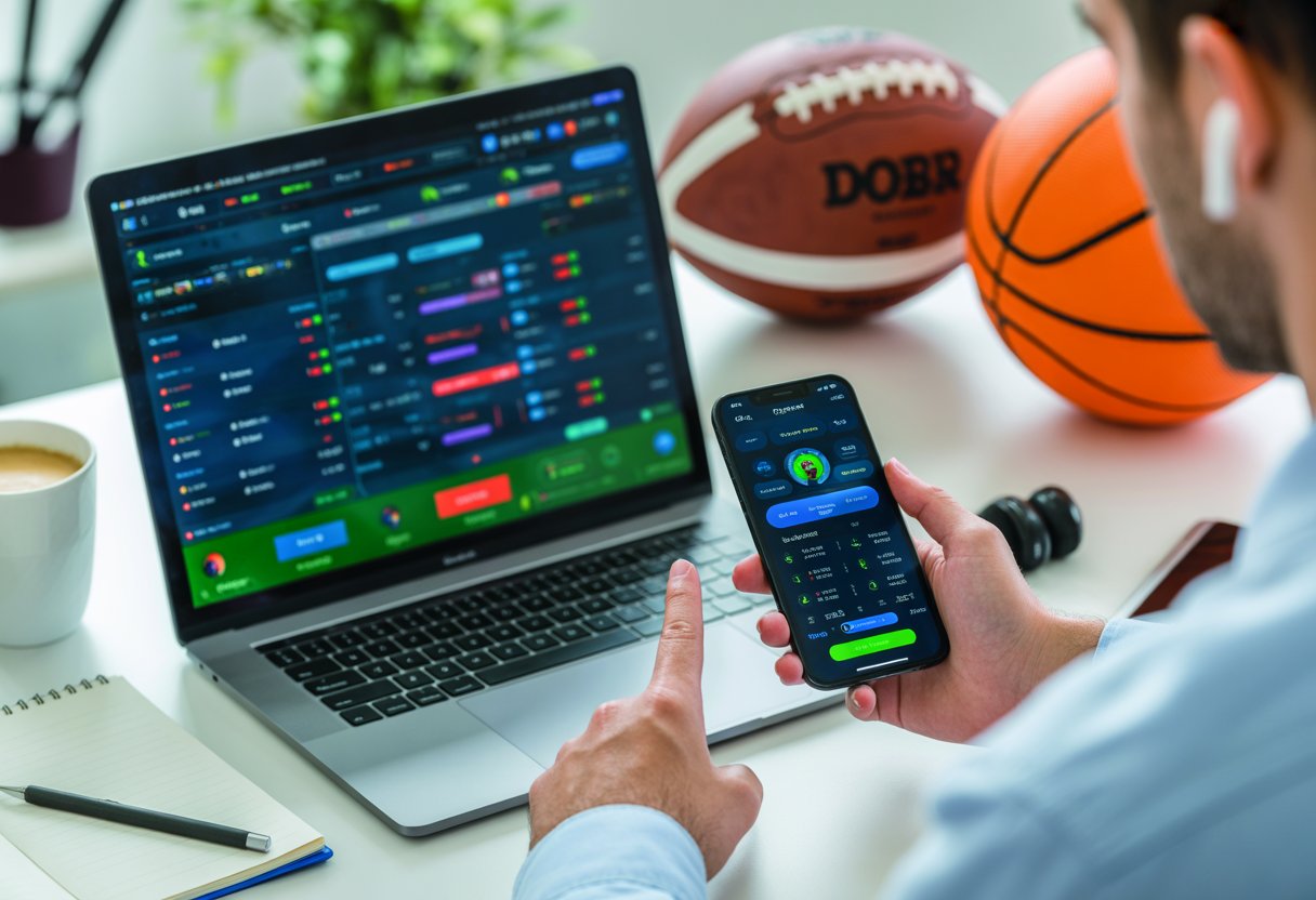 A person using a smartphone and laptop showing sports betting apps, surrounded by sports equipment on a clean office desk.