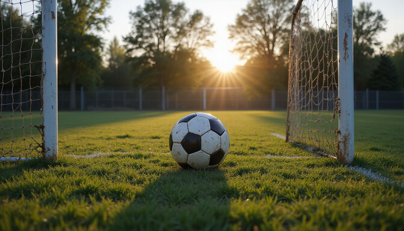 An empty soccer field at dusk, with a worn ball and goalposts. An empty soccer field at dusk, with a worn ball and goalposts.