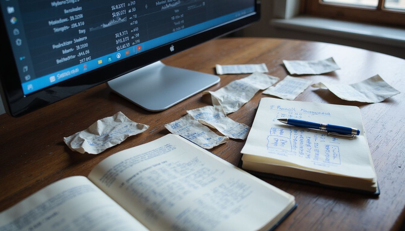 A bankroll management setup with calculator, betting slips, and handwritten notes. A bankroll management setup with calculator, betting slips, and handwritten notes.