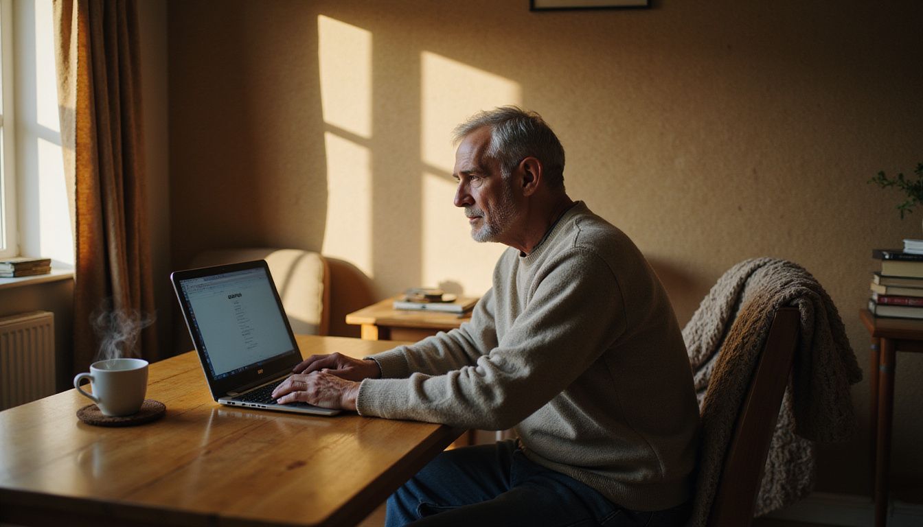 An elderly man attentively places bets on football matches using a laptop. An elderly man attentively places bets on football matches using a laptop.