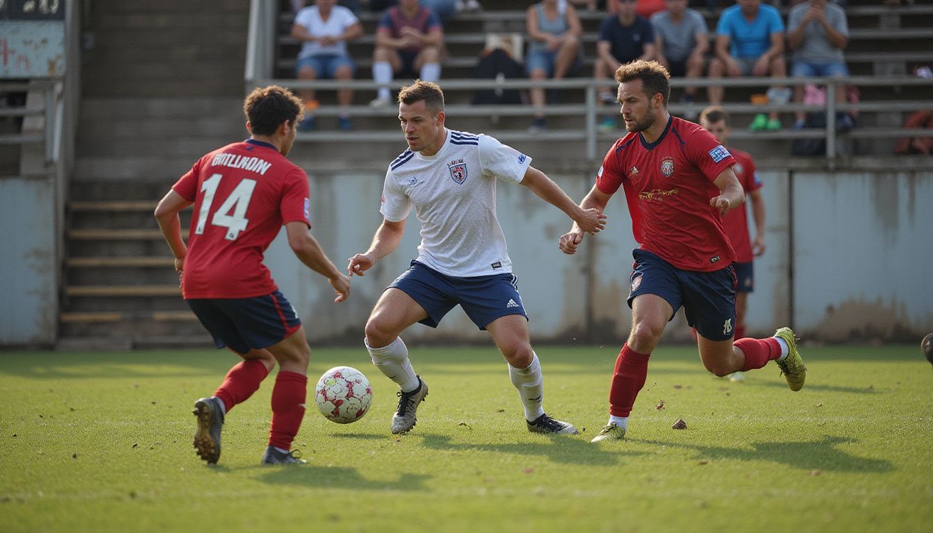 Intense soccer match on a well-maintained field with competitive players. Intense soccer match on a well-maintained field with competitive players.